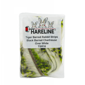 Image of Hareline Tiger Barred Rabbit Strips #16 Black Barred Chartreuse Over White