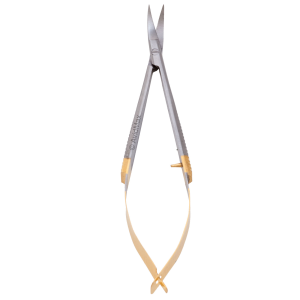 Image of Dr. Slick 4 in Spring Iris Scissor Curved Serrated Blade Gold Fly Tying