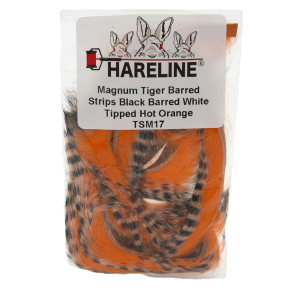 Image of Hareline Magnum Tiger Barred Strips 17 Black Barred White Tipped Hot Orange