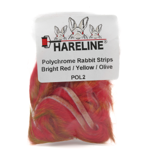 Image of Hareline Polychrome Rabbit Strips 2 Bright Red / Yellow Yellow / Olive