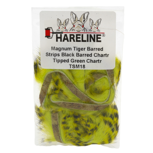 Image of Hareline Magnum Tiger Barred Strips #18 Black Barred Chartr Tipped Green Chartr