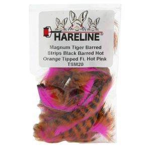 Image of Hareline Magnum Tiger Barred Strips #20 Black Barred Hot Orange Tipped Fl Hot Pink