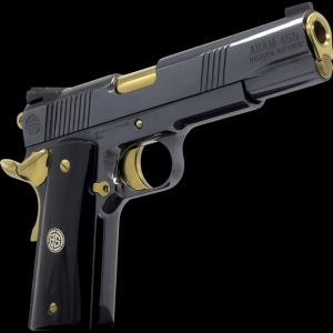 Dickinson LLC DKSN45AB Adam 1911 Acoustic Full Size 45 ACP 8+1 5" Gold Barrel, Shiny Black Steel B Serrations Slide, Shiny Black Steel Frame w/Beavertail