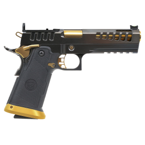 United States Association of Gun Owners Watchtower Firearms DEMOLITIA9MM5ELITE Demolitia Full Size Frame 9mm Luger 20+1 5" Gold Plated PVD Ported Barrel, Graphite PVD Optic Cut/Serrated Steel Slide, Graphite PVD Frame, Black Textured Grip - $4699.00 at United States Association of Gun Owners