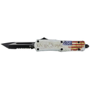 United States Association of Gun Owners Templar Knife SWTP531 Gen II We The People Small 2.25" OTF Tanto Part Serrated Black Oxide Stonewashed 440C SS Blade, 4.31" White w/Flag & "We The People" Aluminum Handle, Glass Breaker - $79.99 at United States Association of Gun Owners