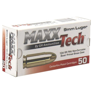 MaxxTech 9mm 124gr FMJ Handgun Ammo, 50-Round Box