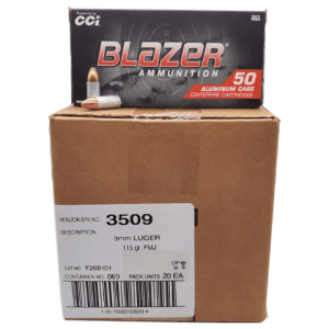 Cci CCI Case - 3509 Blazer 9mm Luger 115 GR Full Metal Jacket, Aluminum Case, Non-Corrosive - 1000 Round Case - $269.99 at Classic Firearms