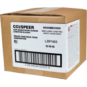 Cci CCI Blazer Brass 9mm 115 GR FMJ, 1000 Round Bulk Pack - Brass, Boxer, Reloadable, Non-Corrosive - MFG # CC5000BK1000 - $269.99 at Classic Firearms