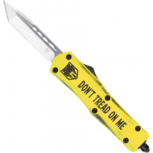 Cobratec Knives CobraTec Knives MDTOMFS-3TNS Don\'t Tread on Me Medium 3\" OTF Tanto Plain D2 Steel Blade Yellow Cerakoted Aluminum w/\"Don\'t Tread On Me\" Engraving Handle Features Glass Breaker - $159.99 at Classic Firearms
