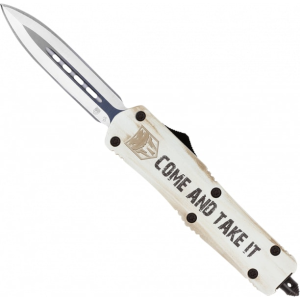 Cobratec Knives CobraTec Knives MCATIFS-3DAGNS Come And Take It 3\" OTF Dagger Plain D2 Steel Blade Cerakoted Aluminum w/\"Come And Take It\" Engraving Handle Features Glass Breaker - $159.99 at Classic Firearms