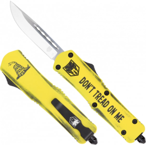 Cobratec Knives CobraTec Knives MDTOMFS-3DNS Don\'t Tread on Me Medium 3\" OTF Drop Point Plain D2 Steel Blade Yellow Cerakoted Aluminum w/\"Don\'t Tread On Me\" Engraving Handle Features Glass Breaker - $159.99 at Classic Firearms