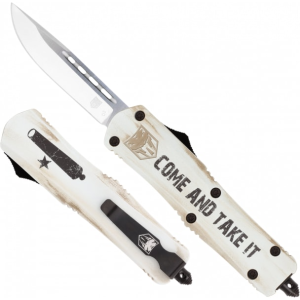 Cobratec Knives CobraTec Knives MCATIFS-3DNS Come And Take It 3\" OTF Drop Point Plain 154CM SS Blade Cerakoted Aluminum w/\"Come And Take It\" Engraving Handle Features Glass Breaker - $159.99 at Classic Firearms