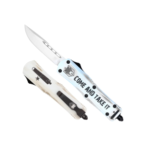 Cobratec Knives CobraTec Knives SCATIFS3DNS FS-3 Come And Take It Small 3\" OTF Drop Point Plain D2 Steel Blade 4.50\" White \"Come And Take It\" Aluminum Cerakoted Handle Includes Glass Breaker/Pocket Clip - $149.99 at Classic Firearms