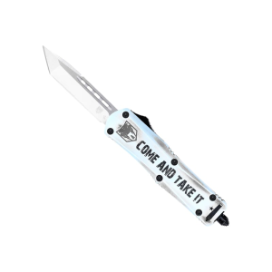 Cobratec Knives CobraTec Knives SCATIFS3TNS FS-3 Come And Take It Small 3\" OTF Tanto Plain D2 Steel Blade 4.50\" White \"Come And Take It\" Aluminum Cerakoted Handle Includes Glass Breaker/Pocket Clip - $149.99 at Classic Firearms