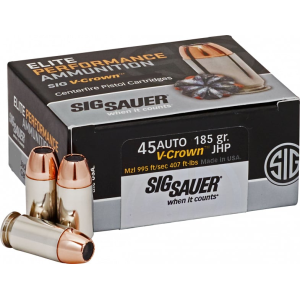 Sig Sauer Sig Sauer E45AP050 Elite V-Crown 45 ACP 185 gr Jacketed Hollow Point (JHP) - 50rd Box - $51.17 at Classic Firearms