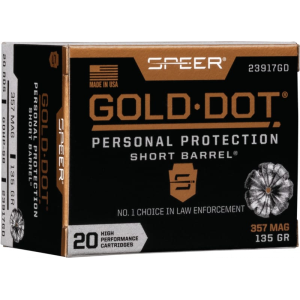 Cci Speer Ammo 23917GD Gold Dot Personal Protection 357 Mag 135 gr Hollow Point (HP) - 20rd Box - $38.41 at Classic Firearms