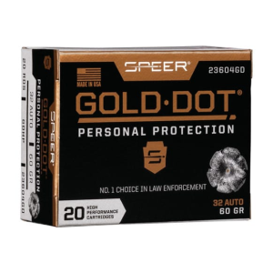 Cci Speer Ammo 23604GD Gold Dot Personal Protection 32 ACP 60 gr Hollow Point (HP) - 20rd Box - $35.72 at Classic Firearms