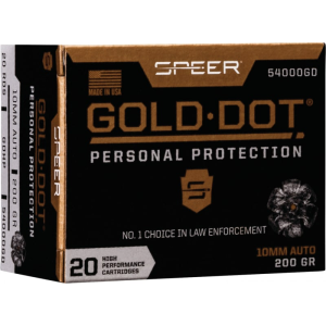 Speer Ammo 54000GD Gold Dot Personal Protection 10mm Auto 200 Gr Hollow Point (HP) Ammo - 20rd Box 20rd Box Ammo
