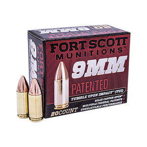 Fort Scott Munitions 9MM-080-SCVNIC Tumble Upon Impact (TUI) 9mm Luger 80 Gr Solid Copper Spun (Nickel-Plated) Ammo - 20rd Box 20rd Box Ammo