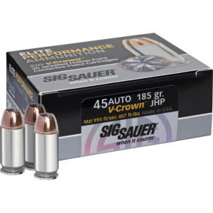 Sig Sauer Sig Sauer E45AP0-20 V-Crown Jacketed Hollow Point 45 ACP 185 GR Jacketed Hollow Point - 20rd Box - $25.94 at Classic Firearms