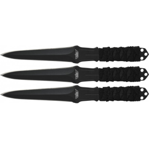 Uzi Accessories UZKTRW003 Throwing Knives 3\" Fixed Straight Back Plain Black Stainless Steel Blade Black Nylon Cord Wrapped Handle - Campco