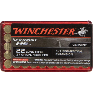Winchester Ammo S22LRFSP Varmint HE 22 Long Rifle (LR) 37 GR Hollow Point 3/1 Segmenting Core Ammo - 50rd Box 50rd Box Ammo