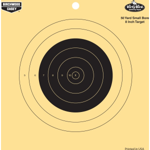 Birchwood Casey 35815 Dirty Bird 50yd Small Bore 8\" Bullseye Tagboard Hanging 50 yds Small Bore Rifle Black/Yellow 25 Per Pkg