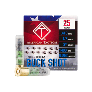 American Tactical Shotshell .410 Gauge 2.5 BBB Buckshot 12 Pellet 1/3 Oz 25-Round Brass Case ATIAC410BBB rican Tactical Shotshell .410 Gauge 2.5 BBB Buckshot 12 Pellet 1/3 Oz 25-Round Brass Case ATIAC410BBB Ammo