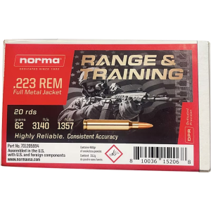 Norma Range & Training .223 Rem 62gr Full Metal Jacket 20rd Brass Case ma Range & Training .223 Rem 62gr Full Metal Jacket 20rd Brass Case Ammo