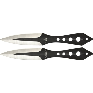 Uzi Accessories UZKTRWTZP Throwing Knives Two Fixed Plain Black/Silver Stainless Steel Blade, Black Stainless Steel Handle, Includes Nylon Holster - Campco