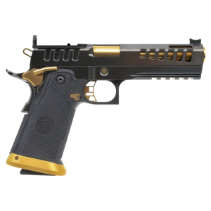 Watchtower F-1 Watchtower Firearms DEMOLITIA9MM5ELITE Demolitia Full Size Frame 20+1 5\" Gold Plated PVD Ported Barrel, Graphite PVD Optic Cut/Serrated Steel Slide, Graphite PVD Frame, Black Textured Grip - $4699.00 at Classic Firearms