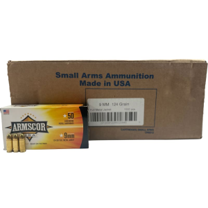 Armscor FAC94 9mm Luger Ammunition,124 GR. Full Metal Jacket, Brass Cased, Boxer Primed, Non-Corrosive, Fully Reloadable - 1000 Round Case