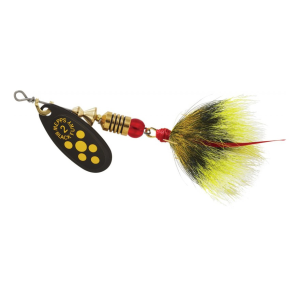 Mepps Aglia Black Fury Dressed Inline Spinner 1/6oz Gray & Yellow Tail Yellow Dot Blade - Mepps