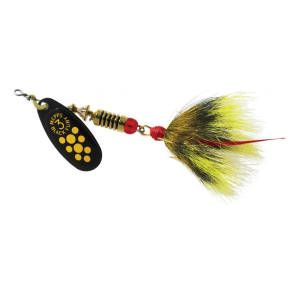 Mepps Aglia Black Fury Dressed Inline Spinner 1/4oz Gray & Yellow Tail Yellow Dot Blade - Mepps