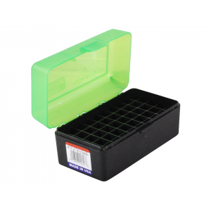 MTM Flip Top Ammo Box 22-250 Remington, 250 Savage, 35 Remington 50-Round Plastic Clear Green and Black