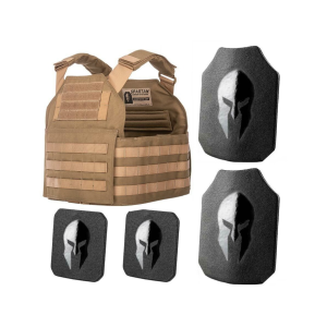 Spartan Armor Spartan Shooter's Cut Plate Carrier with AR500 Body Armor Ballistic Plate III Single Curve Base Coat with Side Plates Coyote Brown - Spartan Armor