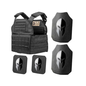 Spartan Armor Spartan Shooter's Cut Plate Carrier with AR500 Body Armor Ballistic Plate III Single Curve Base Coat with Side Plates Black - Spartan Armor