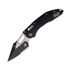 Microtech Stitch S/E Pocket Knife 3.7" Partially Serrated Wharncliffe Bohler M390MK Black Blade Fluted G-10 Handle Black - Microtech
