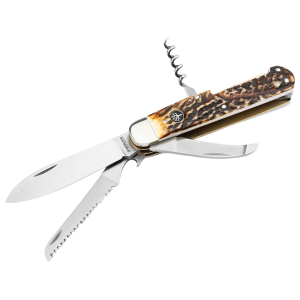 Boker Knives Hunters Knife Quadro Pocket Knife 3.35" Drop Point, Saw, Gut Hook CPM CruWear Satin Blade Stag Handle Bone - Boker Knives
