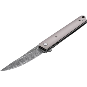 Boker Knives Kwaiken Flipper Pocket Knife 3.54" Drop Point Damasteel Damascus Blade Titanium Handle Gray - Boker Knives