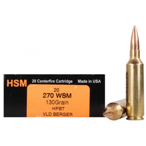 HSM Trophy Gold 270 Winchester Short Magnum (WSM) Ammo 130 Grain Berger Hunting VLD (Very Low Drag) Jacketed Hollow Point Box of 20