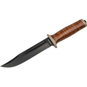 Boker Knives Ranger Field Bowie Fixed Blade Knife 5.91" Clip Point 440A Black Blade Leather Handle Brown - Boker Knives
