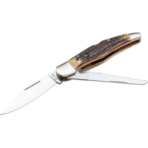Boker Knives Hunters Knife Duo Pocket Knife 3.94" Clip Point, Saw Blade 440C Satin Blade Stag Handle Bone - Boker Knives
