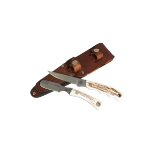 Knives of Alaska Jaeger/Muskrat Combo Fixed Blade Knife Set Stag Handles with Jaeger Boning Knife, Muskrat Knife and Leather Sheath - Knives Of Alaska