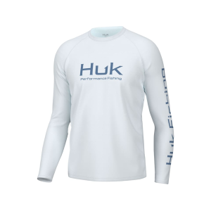 Huk Men's Vented Pursuit Long Sleeve Crew Neck T Shirt White/Blue Large - Huk