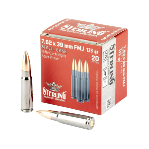 Sterling Plated Steel Case 7.62x39mm Ammo 123 Grain Full Metal Jacket Case of 1000 (50 Boxes of 20) - Sterling