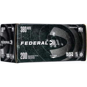 Federal Black Pack 380 ACP Ammo 95 Grain Full Metal Jacket Case Of 800 (4 Boxes Of 200) eral Black Pack 380 ACP 95 Grain Full Metal Jacket Case Of 800 (4 Boxes Of 200) Ammo