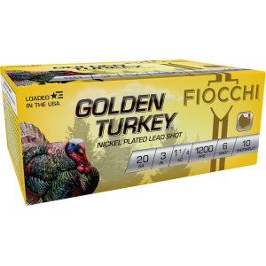 Fiocchi Golden Turkey 20 Gauge Ammo 3 #6 Nickel Plated Lead Shot 1-1/4 Oz Box Of 10 cchi Golden Turkey 20 Gauge 3 #6 Nickel Plated Lead Shot 1-1/4 Oz Box Of 10 Ammo
