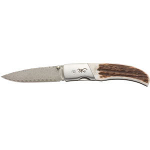 Browning Illusion Pocket Knife 3" Drop Point Damascus Blade Stag Handle Bone - Browning