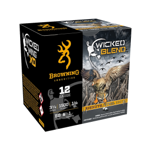Browning Wicked Blend Waterfowl 12 Gauge Ammo 3-1/2 BB And #1 Steel And Bismuth Shot 1-1/2 Oz Box Of 25 wning Wicked Blend Waterfowl 12 Gauge 3-1/2 BB And #1 Steel And Bismuth Shot 1-1/2 Oz Box Of 25 Ammo